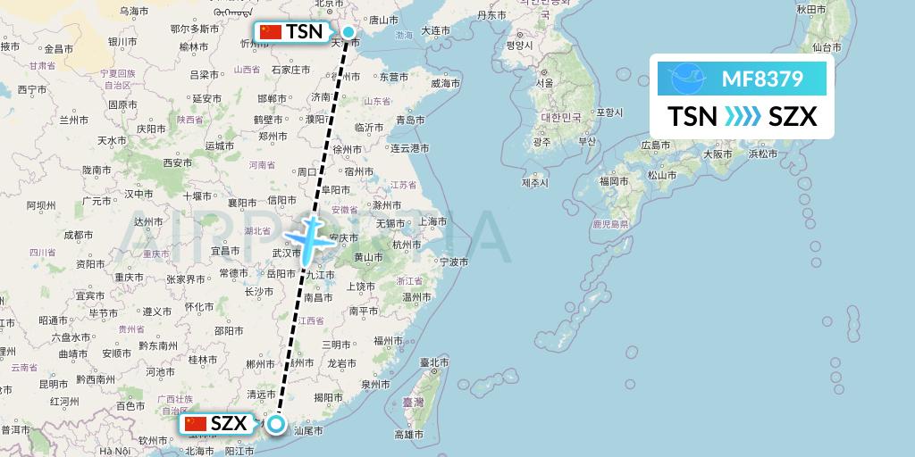 MF8379 Xiamen Airlines Flight Map: Tianjin to Shenzhen