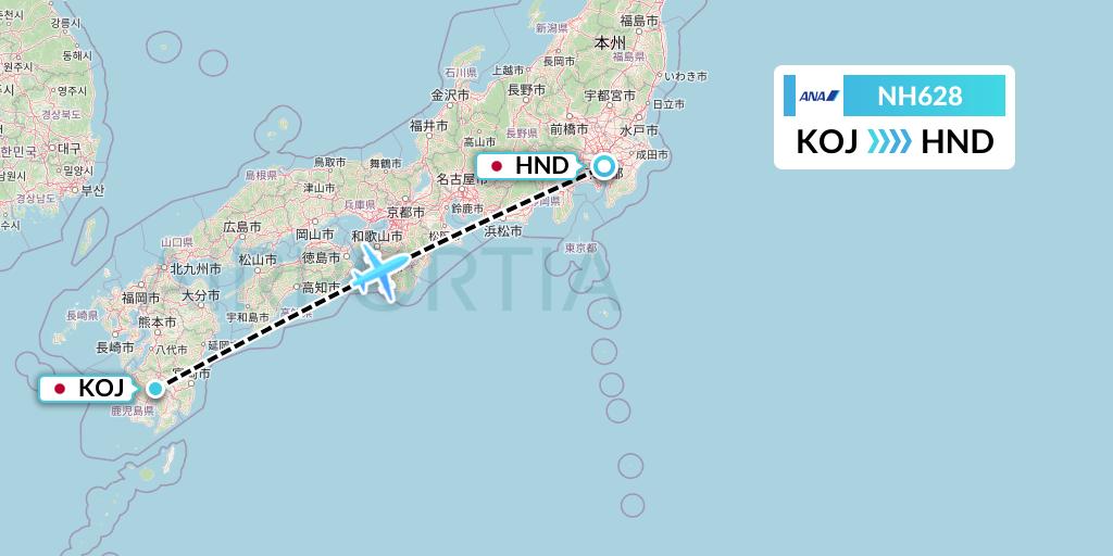 NH628 All Nippon Airways Flight Map: Kagoshima to Tokyo