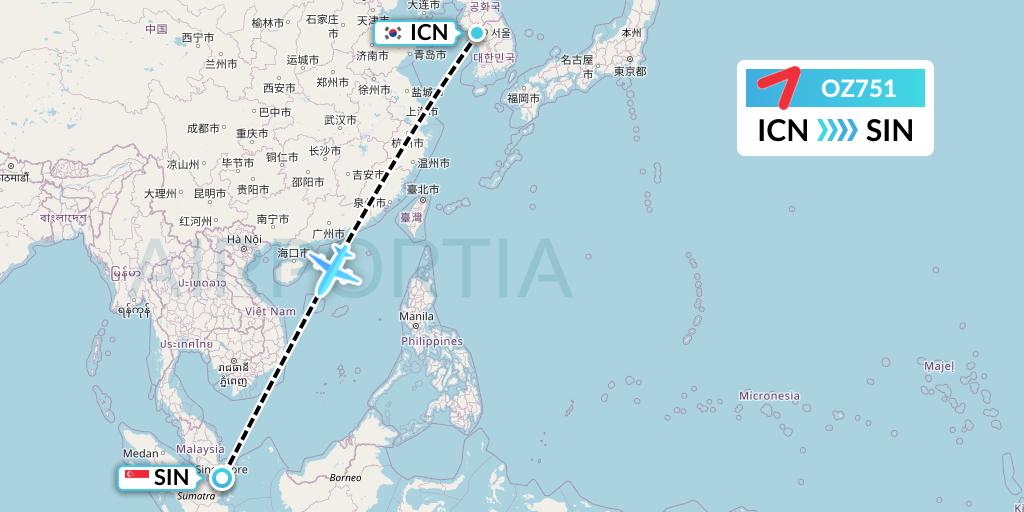 OZ751 Asiana Airlines Flight Map: Seoul to Singapore