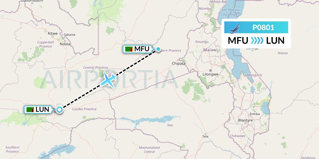 P0801 Proflight Air Services Flight Map: Mfuwe to Lusaka