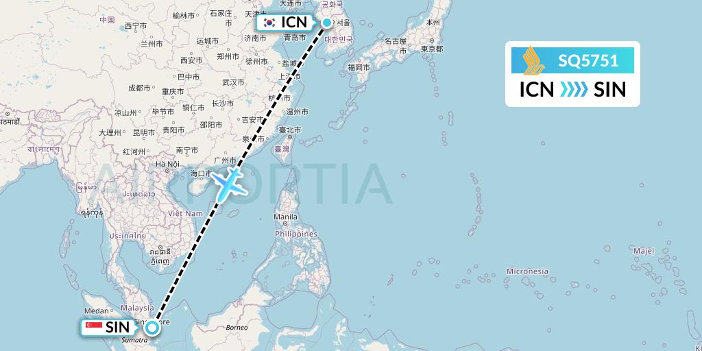 SQ5751 Singapore Airlines Flight Map: Seoul to Singapore