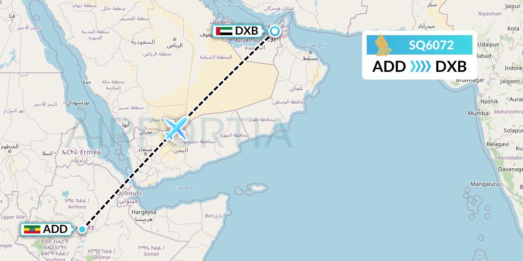 SQ6072 Singapore Airlines Flight Map: Addis Ababa to Dubai