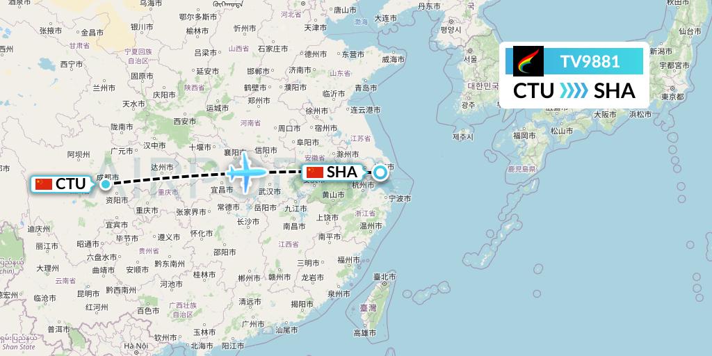 TV9881 Tibet Airlines Flight Map: Chengdu to Shanghai