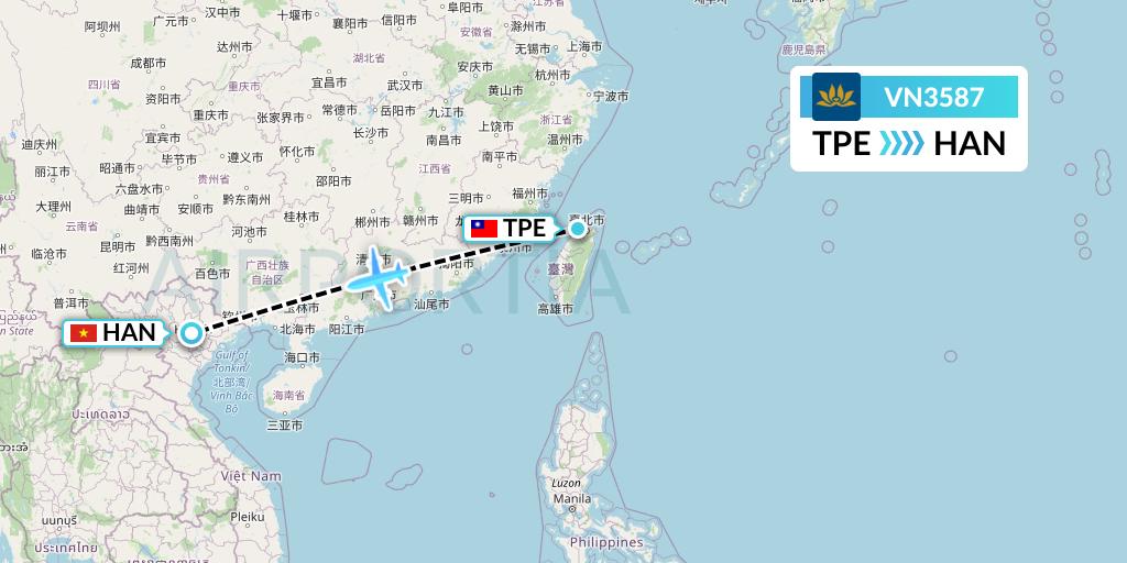 VN3587 Vietnam Airlines Flight Map: Taipei to Hanoi