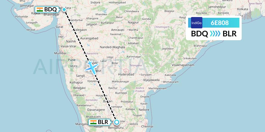 6E808 IndiGo Airlines Flight Map: Vadodara to Bangalore
