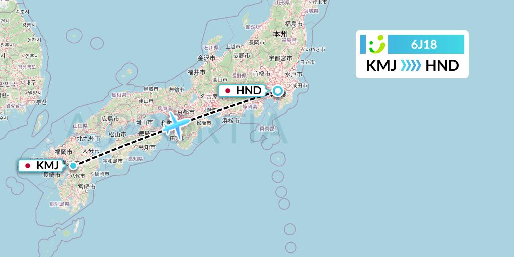 6J18 Solaseed Air Flight Map: Kumamoto to Tokyo