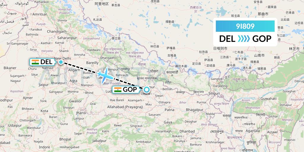 9I809 Air India Regional Flight Map: Delhi to Gorakhpur