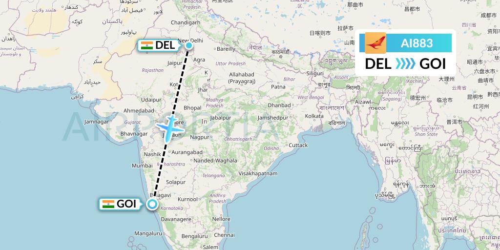 AI883 Air India Flight Map: Delhi to Goa