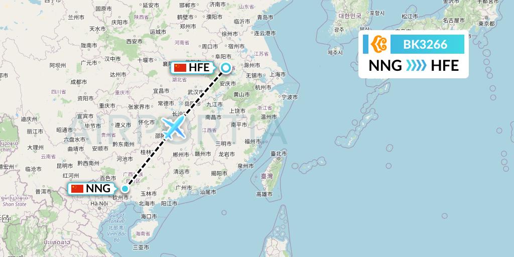 BK3266 Okay Airways Flight Map: Nanning to Hefei