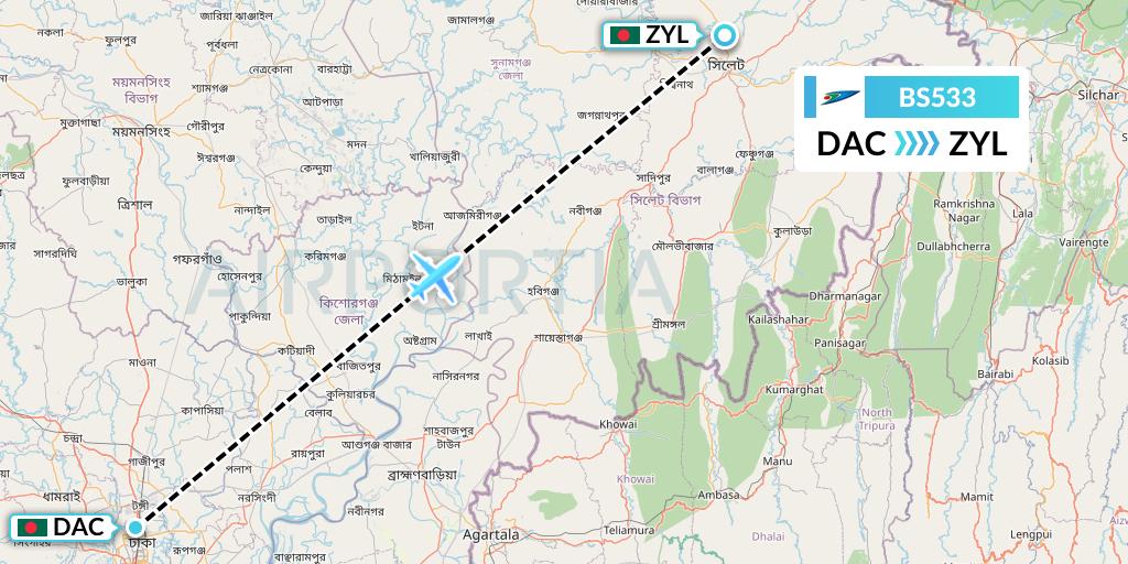 BS533 US-Bangla Airlines Flight Map: Dhaka to Sylhet