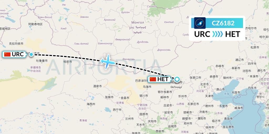 CZ6182 China Southern Airlines Flight Map: Urumqi to Hohhot