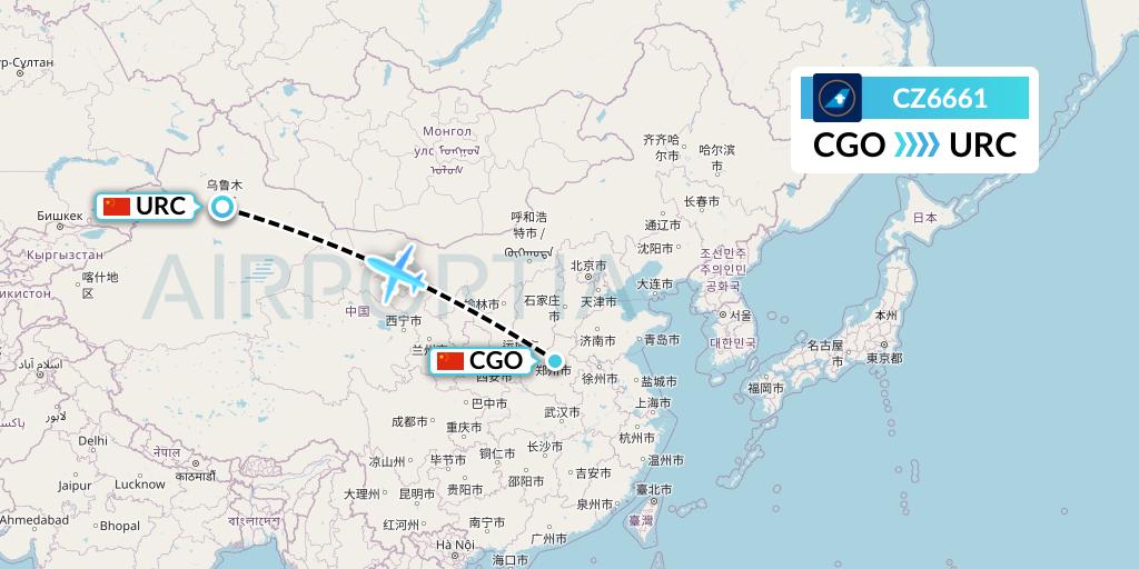 CZ6661 China Southern Airlines Flight Map: Zhengzhou to Urumqi