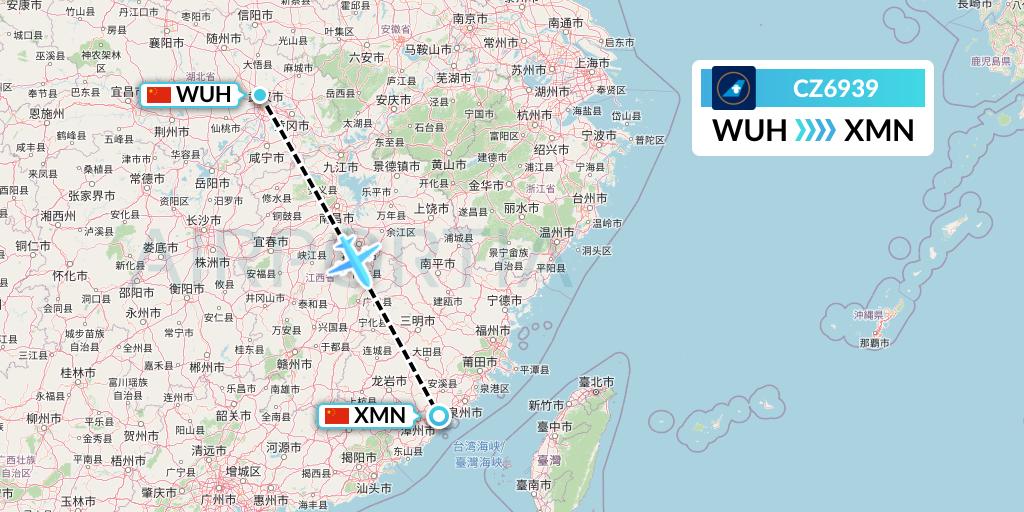 CZ6939 China Southern Airlines Flight Map: Wuhan to Xiamen