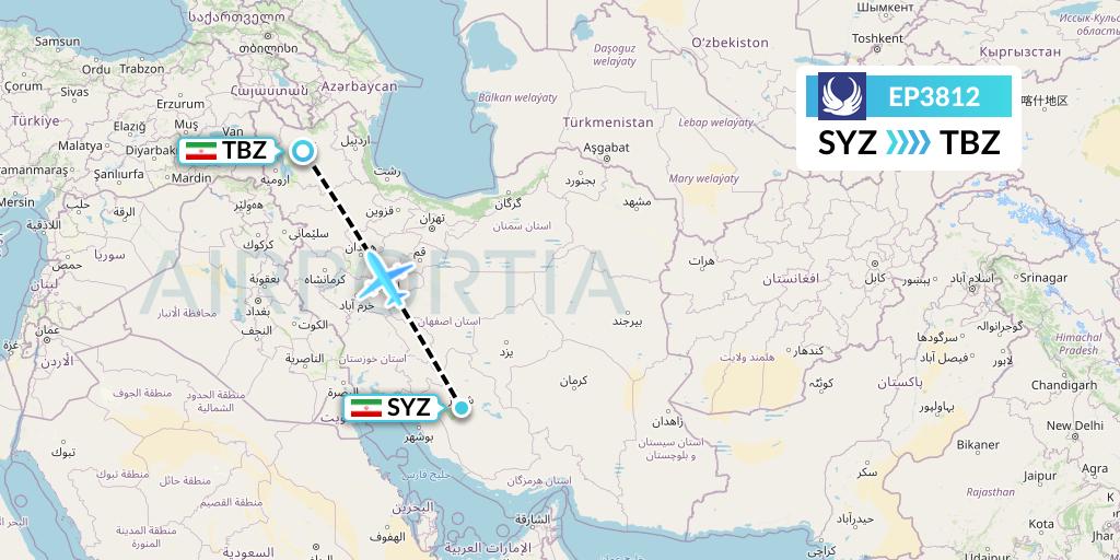 EP3812 Iran Aseman Airlines Flight Map: Shiraz to Tabriz