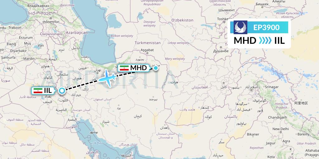 EP3900 Iran Aseman Airlines Flight Map: Mashhad to Ilam
