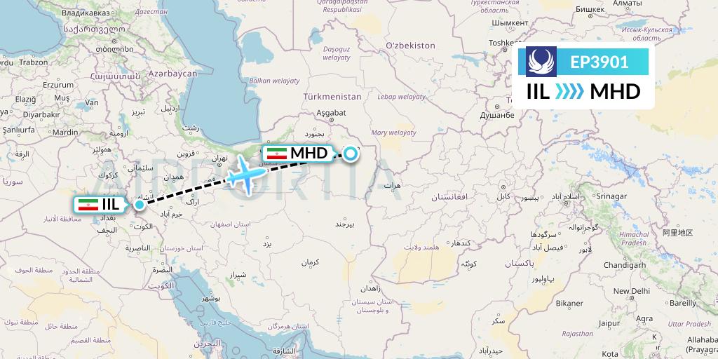 EP3901 Iran Aseman Airlines Flight Map: Ilam to Mashhad