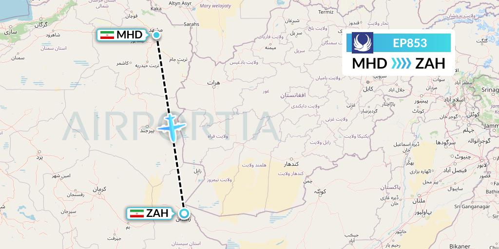 EP853 Iran Aseman Airlines Flight Map: Mashhad to Zahedan