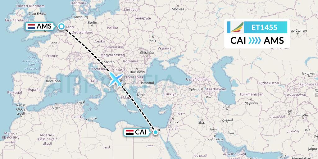 ET1455 Ethiopian Airlines Flight Map: Cairo to Amsterdam