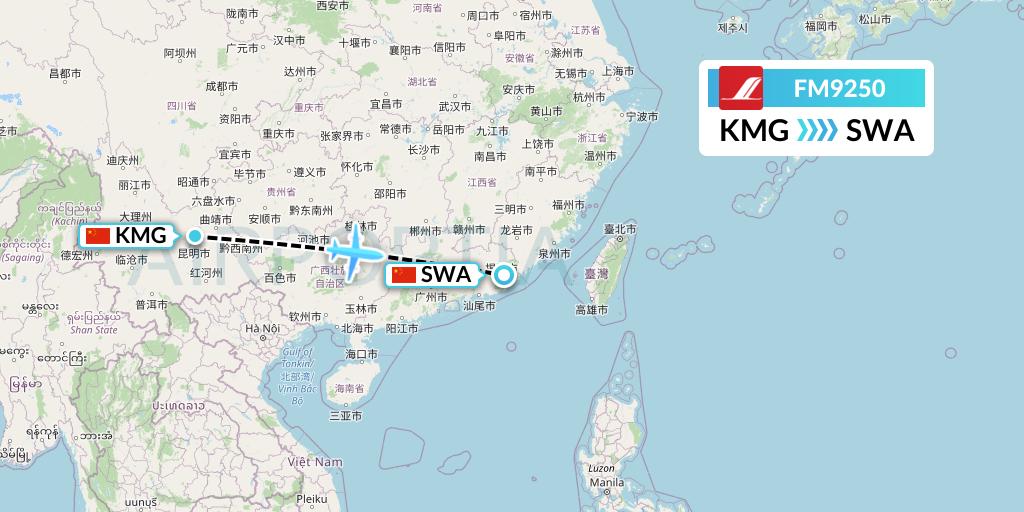 FM9250 Shanghai Airlines Flight Map: Kunming to Jieyang