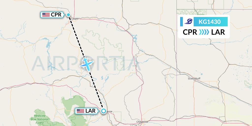 KG1430 Key Lime Air Flight Map: Casper to Laramie