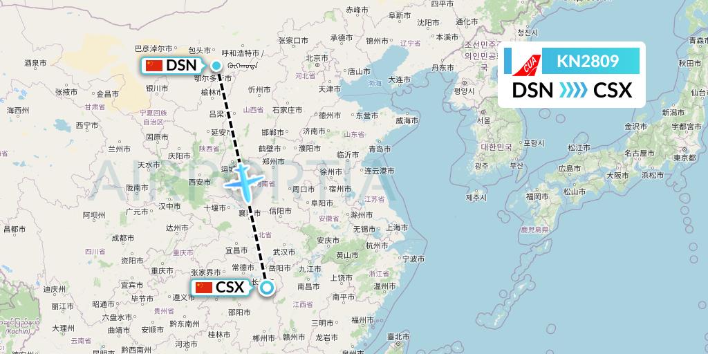 KN2809 China United Airlines Flight Map: Dongsheng to Changsha
