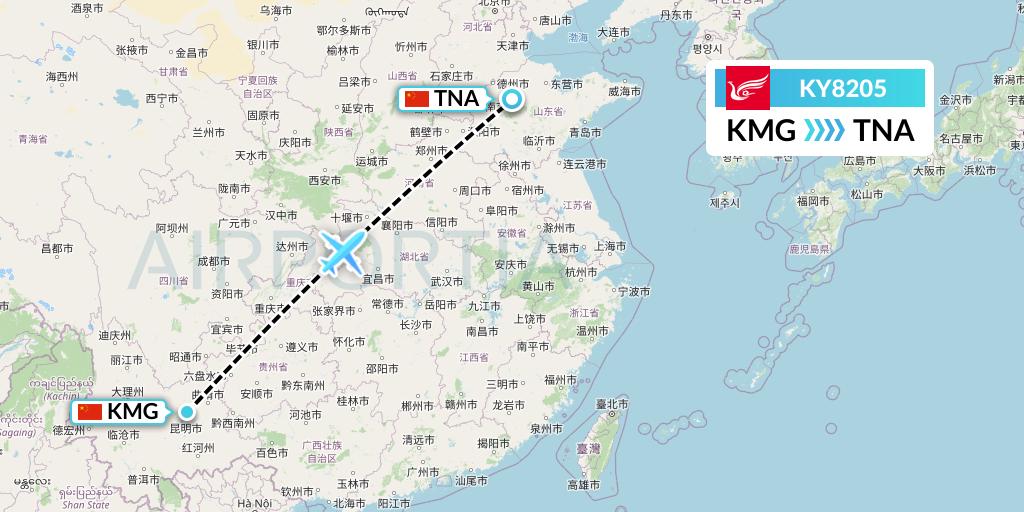 KY8205 Kunming Airlines Flight Map: Kunming to Jinan