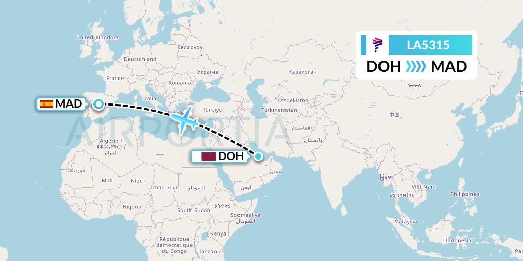 LA5315 LAN Airlines Flight Map: Doha to Madrid