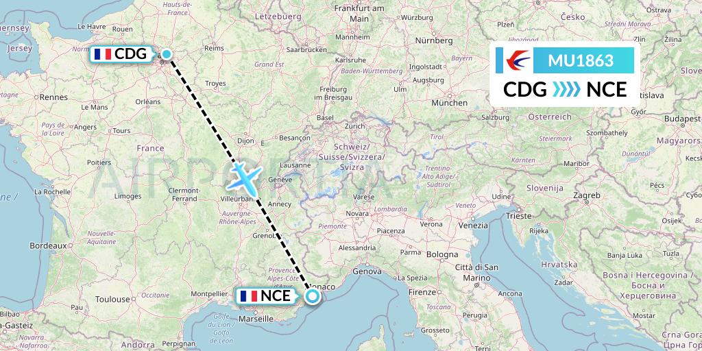 MU1863 China Eastern Airlines Flight Map: Paris to Nice
