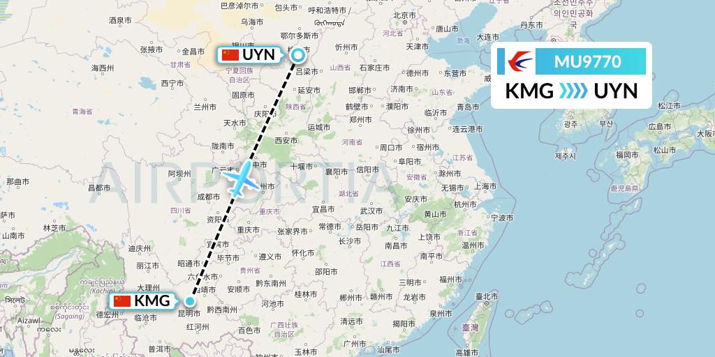 MU9770 China Eastern Airlines Flight Map: Kunming to Yulin