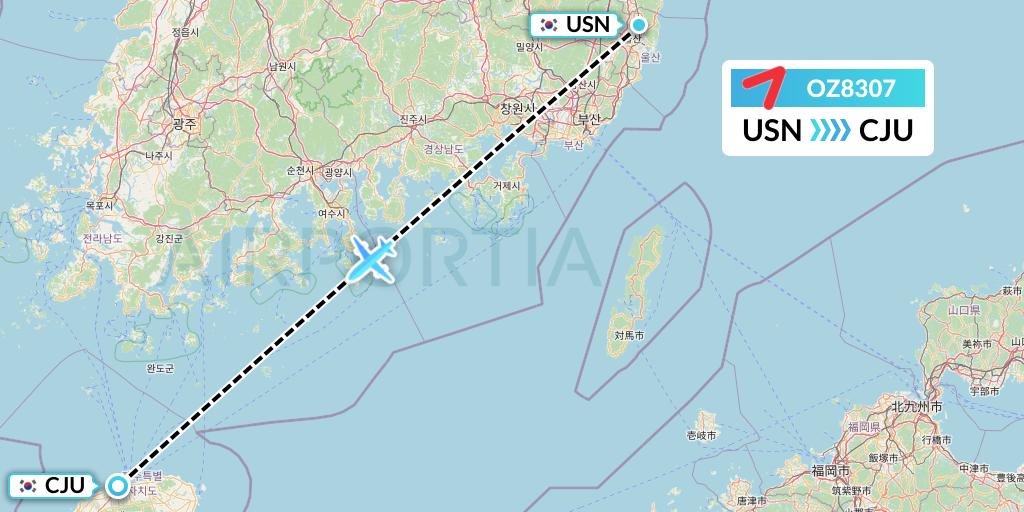 OZ8307 Asiana Airlines Flight Map: Ulsan to Jeju