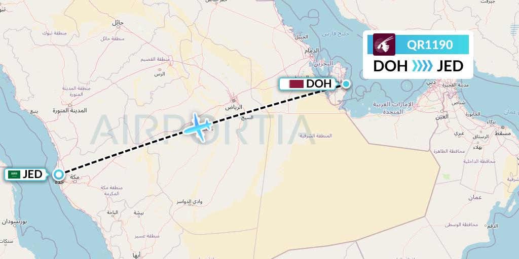 QR1190 Qatar Airways Flight Map: Doha to Jeddah