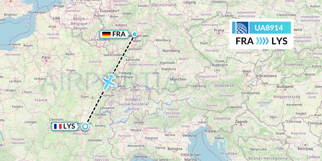 UA8914 United Airlines Flight Map: Frankfurt to Lyon