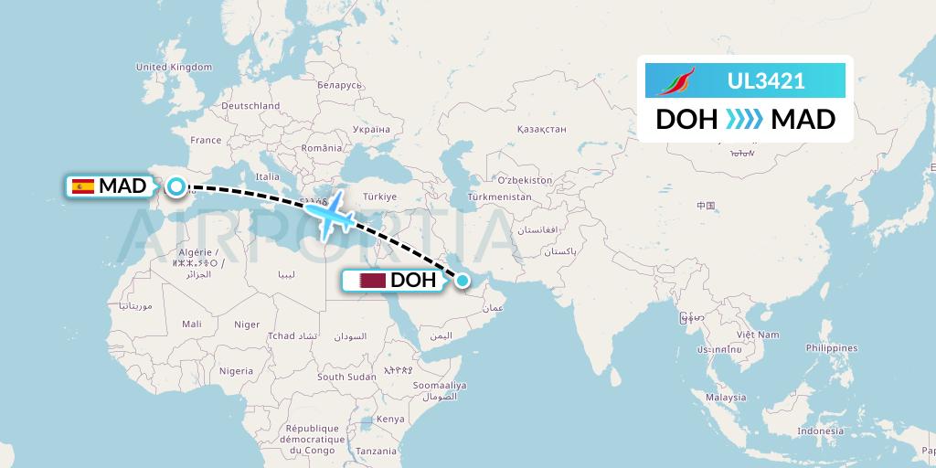 UL3421 SriLankan Airlines Flight Map: Doha to Madrid