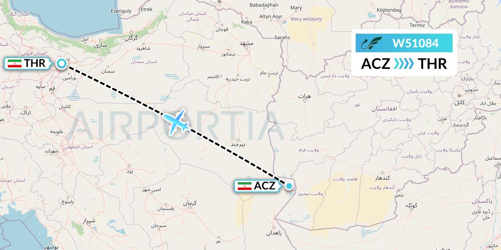 W51084 Mahan Air Flight Map: Zabol to Tehran
