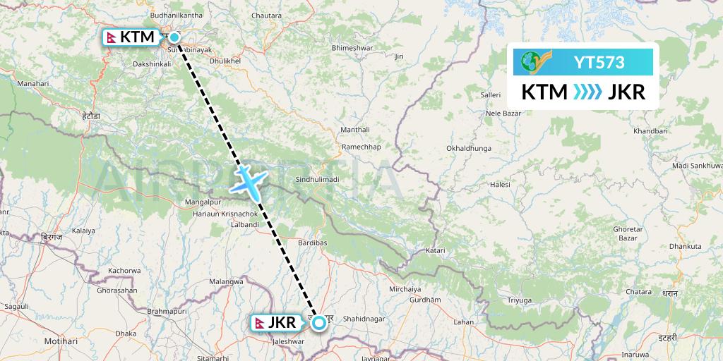 YT573 Yeti Airlines Flight Map: Kathmandu to Janakpur