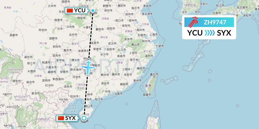 ZH9747 Shenzhen Airlines Flight Map: Yuncheng to Sanya