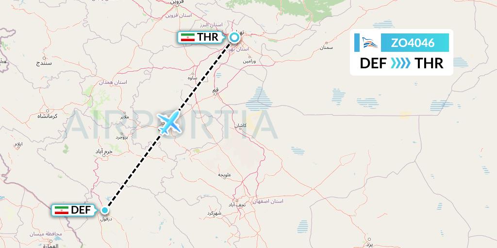 ZO4046 Zagros Airlines Flight Map: Dezful to Tehran