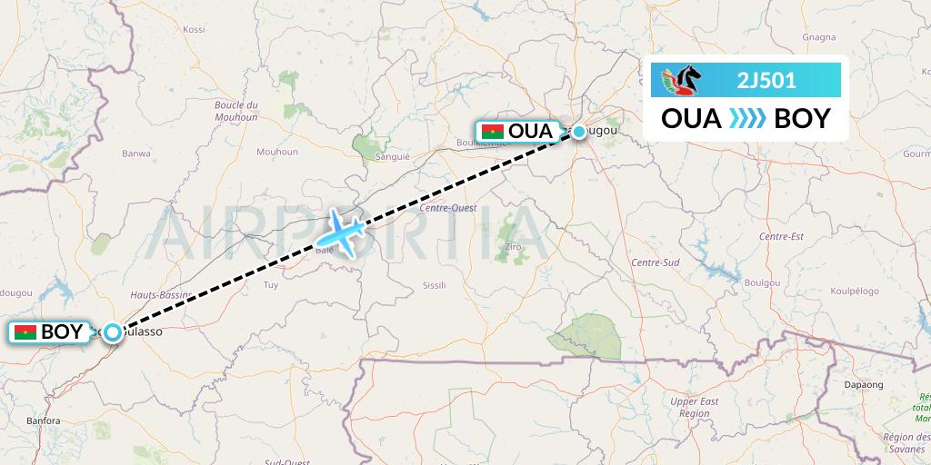 2J501 Air Burkina Flight Map: Ouagadougou to Bobo Dioulasso