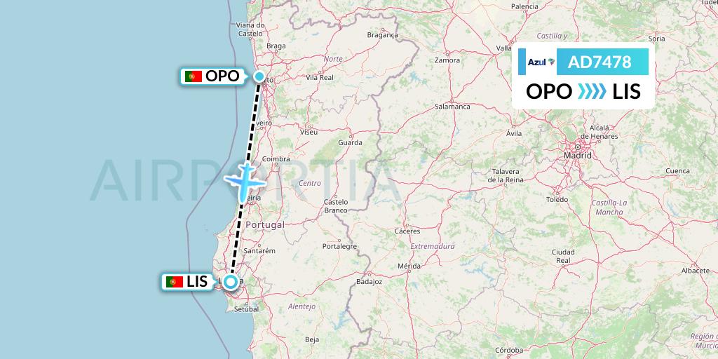 AD7478 Azul Brazilian Airlines Flight Map: Porto to Lisbon