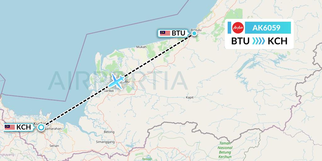 AK6059 AirAsia Flight Map: Bintulu to Kuching