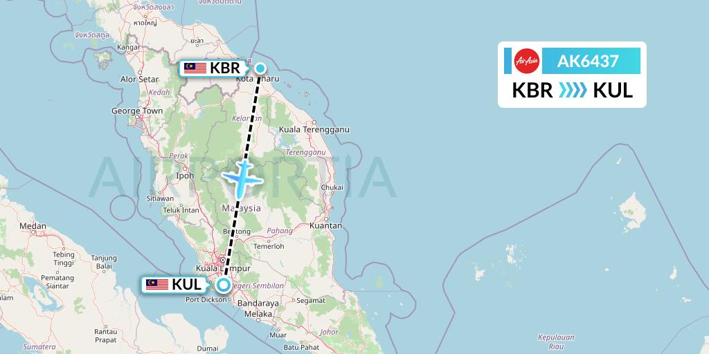 AK6437 AirAsia Flight Map: Kota Bharu to Kuala Lumpur