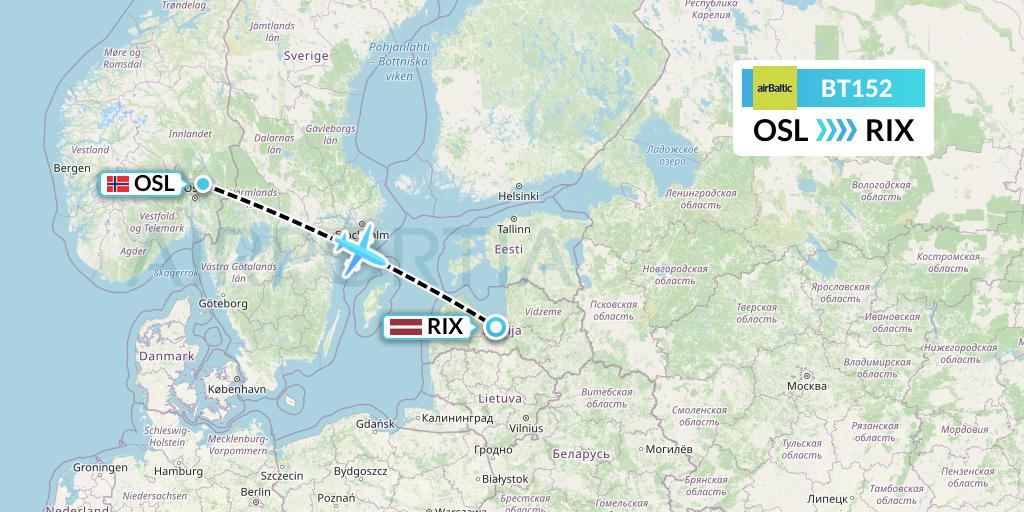 BT152 Air Baltic Flight Map: Oslo to Riga
