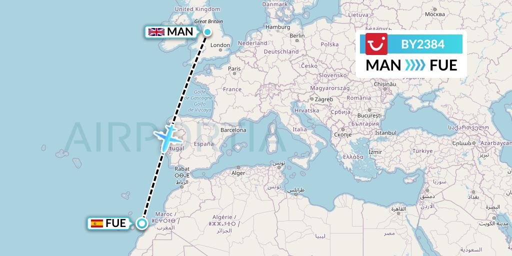 BY2384 TUI Airways Flight Map: Manchester to Fuerteventura