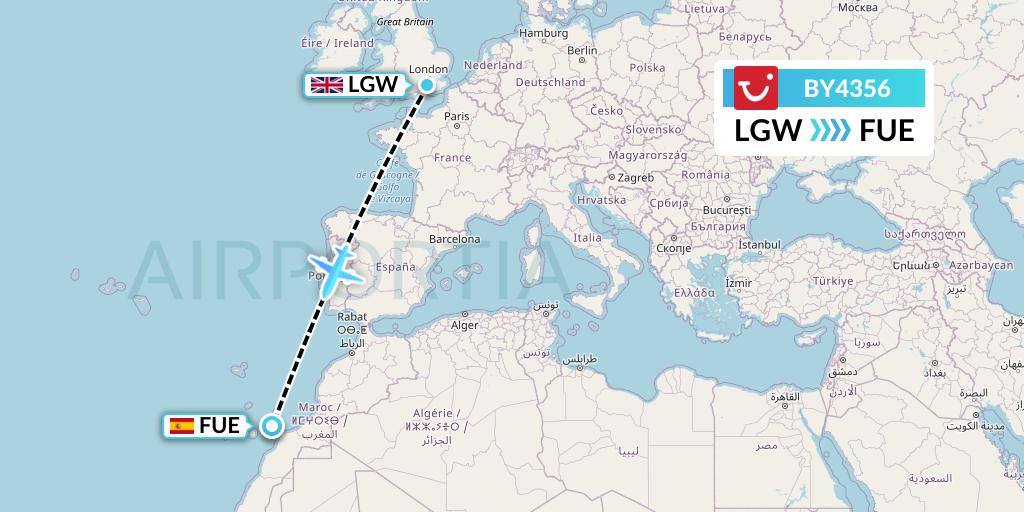 BY4356 TUI Airways Flight Map: London to Fuerteventura