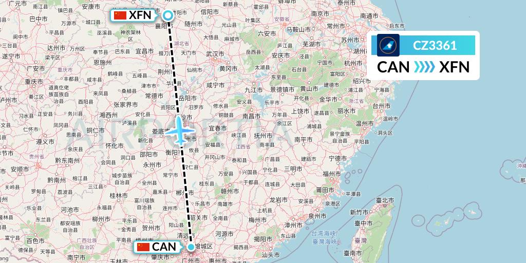CZ3361 China Southern Airlines Flight Map: Guangzhou to Xiangyang