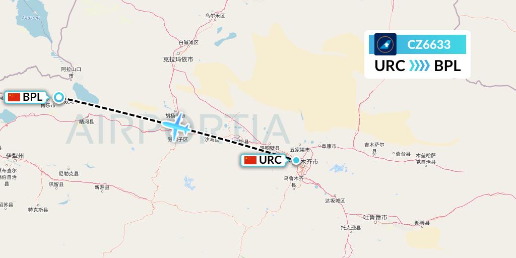 CZ6633 China Southern Airlines Flight Map: Urumqi to Bole
