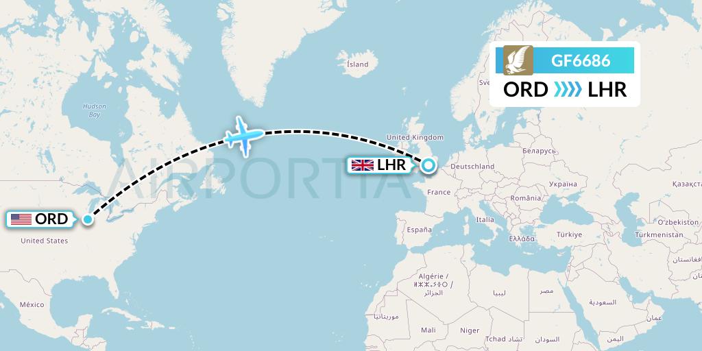 GF6686 Gulf Air Flight Map: Chicago to London