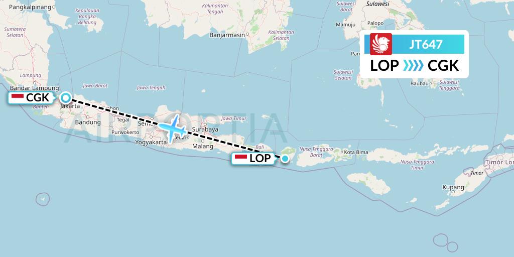 JT647 Lion Airlines Flight Map: Lombok to Jakarta
