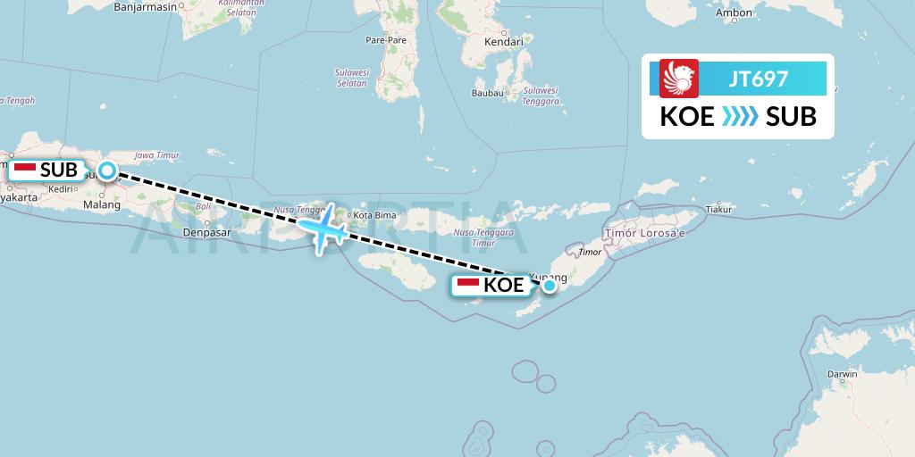 JT697 Lion Airlines Flight Map: Kupang to Surabaya