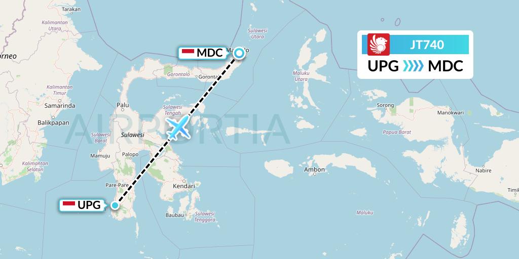 JT740 Lion Airlines Flight Map: Makassar to Manado